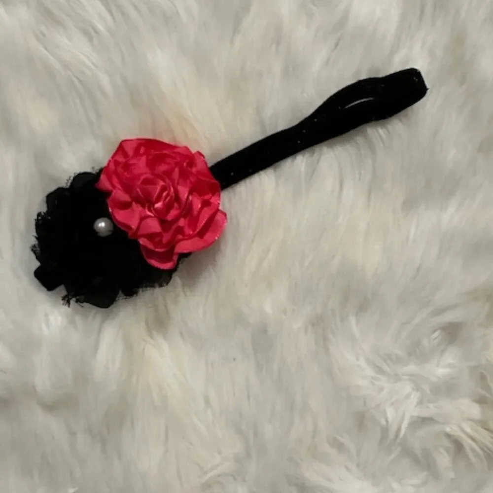 Black Shabby and Pink Satin Ruffle Flowers on Shimmer FOE Headband  7598